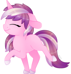 Size: 650x680 | Tagged: safe, artist:amberpone, oc, oc only, oc:primnote, pony, unicorn, adult, adult blank flank, blank flank, cute, digital art, female, freckles, happy, hooves, horn, mare, paint tool sai, pink, purple, purple hair, simple background, smiling, solo, transparent background