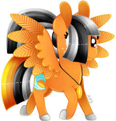 Size: 440x460 | Tagged: safe, artist:amberpone, oc, oc only, oc:clownfish, pegasus, pony, black, cutie mark, digital art, eyes open, food, freckles, grey hair, hooves, jewelry, necklace, orange, original character do not steal, paint tool sai, ponytail, red eyes, shading, simple background, smiling, solo, transparent background, walking, wings, yellow