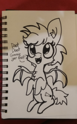 Size: 1440x2304 | Tagged: safe, artist:tjpones, oc, oc only, oc:frootbet, bat pony, pony, black and white, cheek fluff, chest fluff, dialogue, ear fluff, grayscale, lineart, monochrome, solo, traditional art