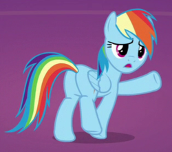 Size: 312x276 | Tagged: safe, screencap, rainbow dash, pegasus, pony, g4, secrets and pies, butt, cropped, female, mare, open mouth, plot, raised hoof, solo