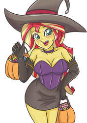 Size: 2480x3507 | Tagged: safe, artist:sumin6301, sunset shimmer, equestria girls, g4, bare shoulders, basket, blushing, breasts, candy, cleavage, clothes, cute, evening gloves, female, food, gloves, halloween, halloween costume, hand on hip, hat, high res, holiday, long gloves, miniskirt, open mouth, pumpkin, pumpkin bucket, shimmerbetes, simple background, skirt, solo, strapless, tim tam, white background, witch, witch hat