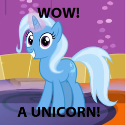 Size: 404x400 | Tagged: safe, edit, edited screencap, screencap, trixie, pony, unicorn, g4, uncommon bond, captain obvious, female, glowing horn, grin, horn, looking at you, magic, mare, meme, smiling, solo, squee, truth, wide eyes, wow, wow! glimmer