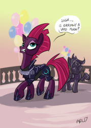 Size: 1024x1430 | Tagged: safe, artist:lytlethelemur, tempest shadow, pony, unicorn, g4, my little pony: the movie, balloon, broken horn, female, gritted teeth, horn, mare, raised hoof, solo focus