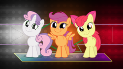 Size: 3840x2160 | Tagged: safe, artist:laszlvfx, artist:tomfraggle, edit, apple bloom, scootaloo, sweetie belle, earth pony, pegasus, pony, unicorn, g4, bow, cutie mark crusaders, female, filly, hair bow, high res, looking at you, smiling, trio, vector, wallpaper, wallpaper edit