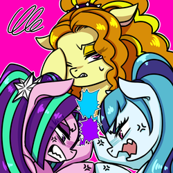 Size: 1000x1000 | Tagged: safe, artist:raika0306, adagio dazzle, aria blaze, sonata dusk, earth pony, pony, g4, angry, annoyed, cross-popping veins, earth pony adagio dazzle, earth pony aria blaze, earth pony sonata dusk, emanata, equestria girls ponified, eye clipping through hair, facehoof, female, fight, magenta background, mare, ponified, the dazzlings, trio, trio female