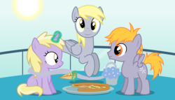 Size: 11200x6400 | Tagged: safe, artist:parclytaxel, crackle pop, derpy hooves, dinky hooves, genie, genie pony, pegasus, pony, unicorn, g4, .svg available, absurd resolution, balcony, bottle, brother and sister, colt, equestria's best family, equestria's best mother, female, filly, food, ham, levitation, like mother like daughter, like mother like son, like parent like child, magic, male, mare, meat, mother and daughter, mother and son, muffin, pizza, ponies eating meat, prosciutto, sitting, smiling, spinach, sun, telekinesis, vector