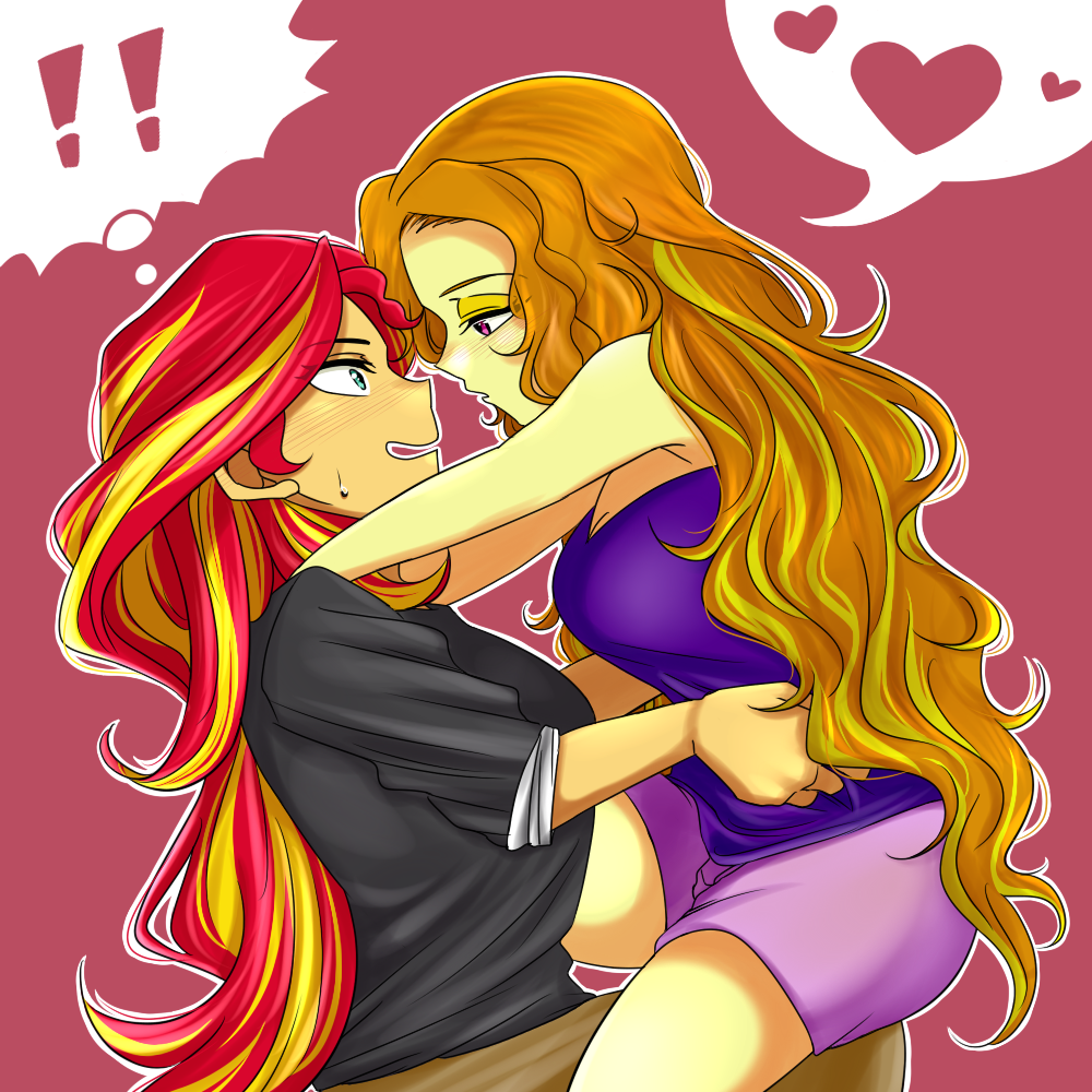 1567599 - suggestive, artist:raika0306, adagio dazzle, sunset shimmer,  human, equestria girls, g4, my little pony equestria girls: rainbow rocks,  blushing, breasts, clothes, drunk, duo, exclamation point, female, heart,  lesbian, long hair, looking