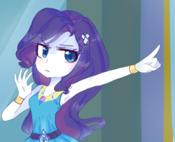 Size: 997x810 | Tagged: safe, artist:windymils, rarity, equestria girls, g4, my little pony equestria girls: better together, super squad goals, armpits, arms in the air, clothes, dress, eyeshadow, female, hands in the air, makeup, pointing, rarity peplum dress, redraw, scene interpretation, sleeveless, sleeveless dress, solo