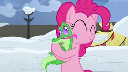 Size: 1280x720 | Tagged: safe, screencap, gummy, pinkie pie, pony, g4, not asking for trouble, hug, licking, snow, tongue out