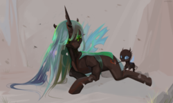 Size: 3500x2079 | Tagged: safe, artist:utauyan, queen chrysalis, changeling, changeling queen, g4, baby, cutie mark, drawing, duo, heart, high res, horn, larva, love, mommy chrissy, simple background, wings