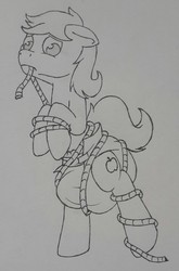 Size: 847x1280 | Tagged: safe, artist:khavoc, braeburn, earth pony, pony, g4, braeby, diaper, male, monochrome, non-baby in diaper, poofy diaper, rope, solo, traditional art