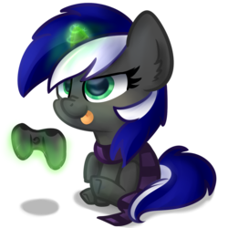 Size: 1024x1024 | Tagged: safe, artist:lbrcloud, oc, oc only, pony, unicorn, :p, clothes, controller, determined, ear fluff, female, filly, glowing horn, horn, magic, raised hoof, scarf, simple background, sitting, solo, telekinesis, tongue out, transparent background
