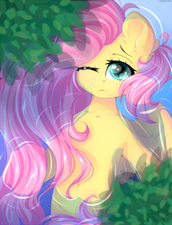 Size: 1300x1700 | Tagged: safe, artist:mitralexa, fluttershy, pony, g4, bipedal, ear fluff, female, floating, mare, one eye closed, solo, water