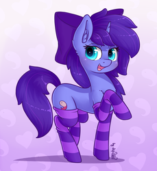 Size: 1536x1678 | Tagged: safe, artist:dsp2003, oc, oc only, oc:seafood dinner, pony, unicorn, blushing, clothes, cute, female, lidded eyes, looking at you, mare, raised hoof, socks, solo, stockings, striped socks, thigh highs