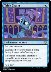 Size: 375x523 | Tagged: safe, trixie, g4, uncommon bond, bondage, cape, chains, clothes, hat, magic the gathering, trading card, trading card edit, trixie's cape, trixie's hat, trixie's wagon, unsexy bondage