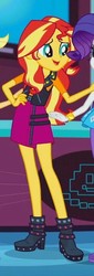 Size: 245x720 | Tagged: safe, screencap, applejack, rarity, sunset shimmer, a fine line, equestria girls, g4, my little pony equestria girls: better together, boots, clothes, cropped, female, high heel boots, jacket, leather jacket, offscreen character, shoes, skirt, smiling