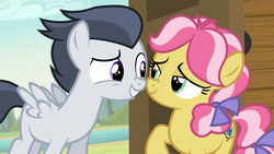 Size: 1631x923 | Tagged: safe, screencap, kettle corn, rumble, earth pony, pegasus, pony, g4, marks and recreation, boop, colt, duo, female, filly, foal, lidded eyes, male, nose to nose, nose wrinkle, noseboop, shipping fuel, smiling