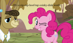 Size: 1020x600 | Tagged: safe, edit, edited screencap, editor:korora, screencap, matilda, pinkie pie, donkey, pony, a friend in deed, coinky-dink world, equestria girls, g4, my little pony equestria girls: summertime shorts, cropped, lyrics, one eye closed, song reference, wink