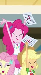 Size: 304x547 | Tagged: safe, screencap, applejack, fluttershy, pinkie pie, equestria girls, g4, my little pony equestria girls: better together, the finals countdown, a, a-, cropped, eyes closed, female, geode of sugar bombs, geode of super strength, grades, happy, magical geodes, smiling, success