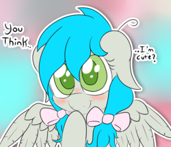 Size: 1477x1278 | Tagged: safe, artist:laptopbrony, oc, oc only, oc:darcy sinclair, blushing, bow, cute, dialogue, hair bow, solo