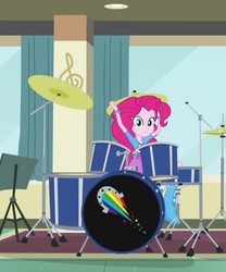 Size: 482x578 | Tagged: safe, screencap, pinkie pie, equestria girls, g4, my little pony equestria girls: rainbow rocks, cropped, drums, female, looking at you, musical instrument