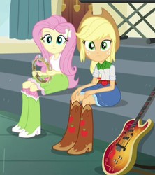 Size: 383x432 | Tagged: safe, screencap, applejack, fluttershy, equestria girls, g4, my little pony equestria girls: rainbow rocks, bass guitar, boots, clothes, cowboy boots, cowboy hat, cropped, denim skirt, duo, female, hat, looking at you, musical instrument, shoes, skirt, stetson, tambourine