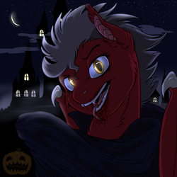 Size: 1600x1600 | Tagged: safe, artist:shimazun, oc, oc only, vampire, blood, clothes, crescent moon, fangs, halloween, holiday, male, moon, night, open mouth, solo, ych result