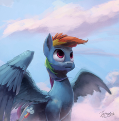 Size: 1375x1404 | Tagged: safe, artist:insanerobocat, rainbow dash, pegasus, pony, g4, cloud, female, looking away, looking up, mare, sky, solo, spread wings, windswept mane, wings