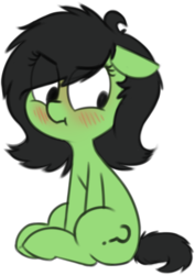 Size: 348x491 | Tagged: safe, artist:smoldix, artist:whydomenhavenipples, derpibooru exclusive, edit, oc, oc only, oc:filly anon, pony, blushing, female, filly, floppy ears, looking away, simple background, sitting, solo, trace, transparent background