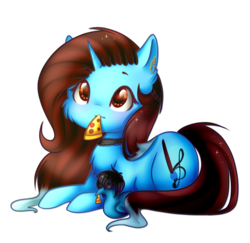 Size: 900x875 | Tagged: safe, artist:bambudess, artist:despotshy, oc, oc only, oc:despy, oc:dess, pony, unicorn, brown eyes, choker, collaboration, cute, ear piercing, earring, female, food, jewelry, mare, meat, mouth hold, open collaboration, pepperoni, pepperoni pizza, piercing, pizza, prone, simple background, solo, species swap, sunglasses, transparent background