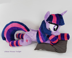 Size: 3409x2761 | Tagged: safe, artist:epicrainbowcrafts, twilight sparkle, alicorn, pony, g4, clothes, high res, irl, photo, plushie, prone, socks, solo, striped socks, twilight sparkle (alicorn)