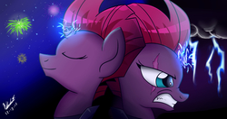 Size: 5092x2694 | Tagged: safe, artist:viejillox64art, fizzlepop berrytwist, tempest shadow, g4, my little pony: the movie, broken horn, duality, fireworks, fizzlepop's fireworks, horn, night, sparking horn, storm