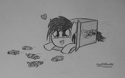 Size: 1024x642 | Tagged: safe, artist:ricky47, oc, oc only, box, heart, hot wheels, solo, traditional art