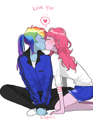 Size: 768x1024 | Tagged: safe, artist:extraluna, pinkie pie, rainbow dash, human, equestria girls, g4, blushing, clothes, eyes closed, female, heart, jacket, kiss on the lips, kissing, lesbian, multicolored hair, ship:pinkiedash, shipping, shorts, simple background, smiling, white background