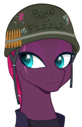 Size: 682x1050 | Tagged: safe, artist:higgly-chan, fizzlepop berrytwist, tempest shadow, pony, my little pony: the movie, army, born to x, eye scar, female, full metal jacket, helmet, mare, scar, simple background, solo, transparent background