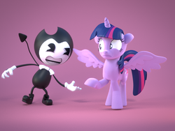 Size: 560x420 | Tagged: safe, artist:sonictfmlp123, twilight sparkle, alicorn, pony, g4, 3d, bendy, bendy and the ink machine, bendy the demon, blender, crossover, duo, female, male, mare, not sure if want, purple background, simple background, twilight sparkle (alicorn), unsure
