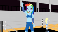 Size: 1360x760 | Tagged: safe, artist:the-horrible-mu, derpy hooves, rainbow dash, human, equestria girls, g4, 3d, abs, background human, cutie mark on clothes, gym, mmd, muscles, raised arm, ring ropes, sports, wrestling, wrestling ring