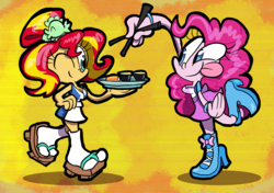 Size: 1985x1399 | Tagged: safe, artist:joeywaggoner, pinkie pie, sunset shimmer, human, equestria girls, g4, good vibes, my little pony equestria girls: summertime shorts, alternate hairstyle, apron, belt, boots, breasts, busty pinkie pie, busty sunset shimmer, chopsticks, cleavage, clothes, female, food, geta, happi, sandals, serving tray, shirt, shoes, skirt, smiling, socks, sunset sushi, sushi, tongue out, toy interpretation, uniform