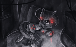 Size: 1788x1102 | Tagged: safe, artist:atlas-66, oc, oc only, earth pony, pony, robot, robot pony, broken, butt, damaged, looking at you, looking up, lying down, plot, robot gore, solo, wires