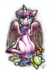 Size: 1813x2488 | Tagged: safe, artist:lupiarts, princess flurry heart, whammy, alicorn, pony, g4, abuse, female, mare, my creepy pony, pacifier, solo, stuffing, teddy bear, torn, toy, toy abuse