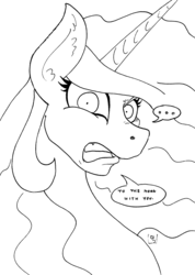 Size: 1280x1798 | Tagged: safe, artist:dimvitrarius, princess celestia, alicorn, pony, g4, ..., black and white, bust, dialogue, disgusted, ear fluff, female, grayscale, looking at you, monochrome, simple background, solo, to the moon, white background