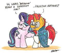 Size: 1616x1378 | Tagged: safe, artist:bobthedalek, starlight glimmer, sunburst, pony, unicorn, g4, uncommon bond, dialogue, duo, euphemism, implied starburst, lidded eyes, looking at each other, nudge, oblivious, raised hoof, simple background, smiling, traditional art, white background