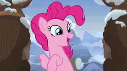 Size: 1280x720 | Tagged: safe, screencap, pinkie pie, earth pony, pony, g4, not asking for trouble, cute, diapinkes, female, happy, mare, open mouth, raised hoof, snow, solo