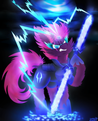Size: 1024x1267 | Tagged: safe, artist:vanillaswirl6, tempest shadow, pony, unicorn, g4, my little pony: the movie, angry, armor, black background, broken horn, colored eyelashes, colored pupils, dock, double bladed sword, ear fluff, electricity, eye scar, fangs, female, hoof hold, horn, lightning, looking at you, magic, mare, scar, snarling, solo, sparking horn, sword, weapon