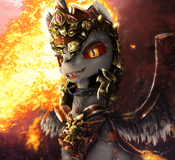 Size: 3735x3400 | Tagged: safe, artist:princeoracle, daybreaker, alicorn, pony, g4, 3d, abstract background, armor, chains, chest fluff, choker, colored sclera, detailed, female, fire, fluffy, grin, helmet, high res, jewelry, leg fluff, looking at you, mane of fire, mare, mouth hold, neck fluff, necklace, pendant, sharp teeth, shoulder fluff, slit pupils, smiling, smirk, smoke, solo, spread wings, teeth, wing armor, wing fluff, wings