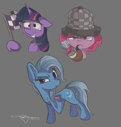 Size: 1153x1210 | Tagged: safe, artist:ferasor, pinkie pie, trixie, twilight sparkle, pony, unicorn, g4, bubble pipe, checkered flag, deerstalker, detective, female, hat, mare, sherlock holmes, sherlock pie, simple background, trio