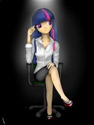 Size: 3000x4000 | Tagged: safe, artist:rainbowsmile6, twilight sparkle, human, g4, business suit, chair, clothes, crossed legs, female, high heels, humanized, shoes, sitting, skirt, solo