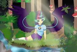 Size: 1024x699 | Tagged: safe, artist:rainbowsmile6, sci-twi, twilight sparkle, pony, equestria girls, g4, converse, crepuscular rays, female, human coloration, midnight sparkle, scenery, shoes, solo, the midnight in me