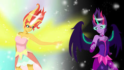 Size: 1024x576 | Tagged: safe, artist:rainbowsmile6, sci-twi, sunset shimmer, twilight sparkle, equestria girls, g4, my little pony equestria girls: friendship games, clothes, daydream shimmer, dress, duo, midnight sparkle