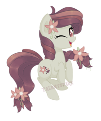 Size: 1024x1231 | Tagged: safe, artist:talentspark, oc, oc only, oc:autumn harvest, earth pony, pony, female, flower, flower in hair, mare, one eye closed, simple background, solo, transparent background, wink